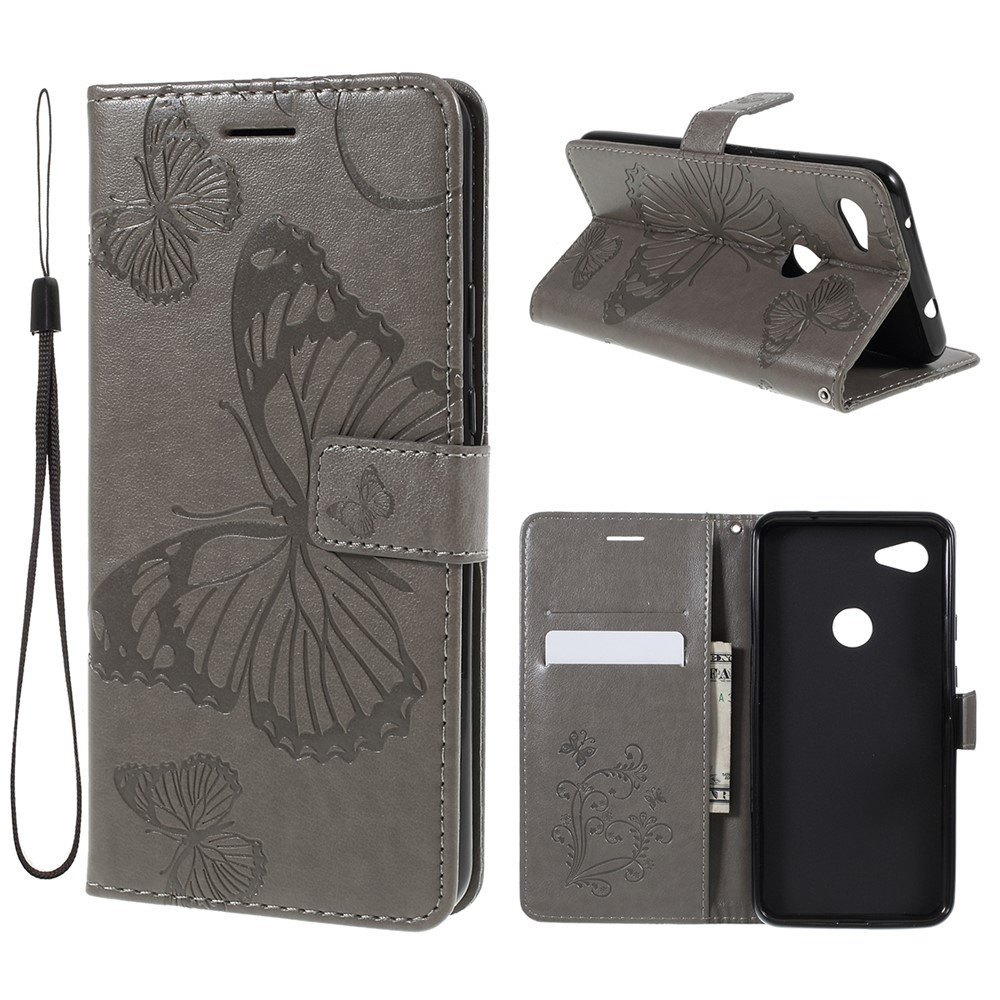 Imprint Butterfly Leather Wallet Mobile Case for Google Pixel 3a - Grey-1