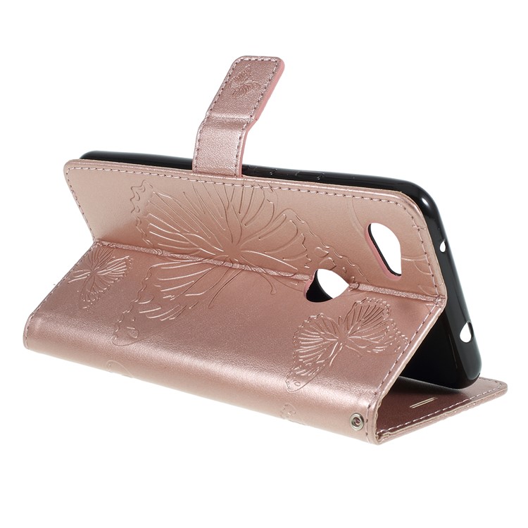 Imprint Butterfly Leather Wallet Mobile Case for Google Pixel 3a - Rose Gold-3