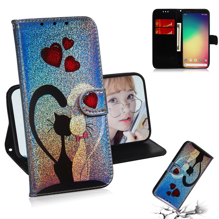 Pattern Printing Cell Phone Leather Wallet Case for Google Pixel 4 - Cats and Hearts-1