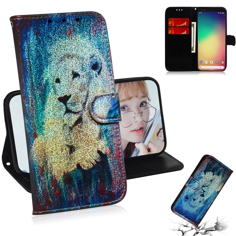 Pattern Printing Cell Phone Leather Wallet Case for Google Pixel 4 - Lion-1