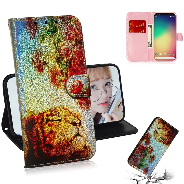 Pattern Printing Cell Phone Leather Wallet Case for Google Pixel 4 - Flower and Lion-1