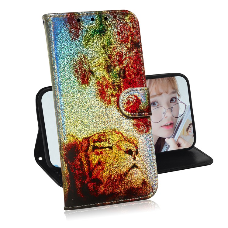 Pattern Printing Cell Phone Leather Wallet Case for Google Pixel 4 - Flower and Lion-7