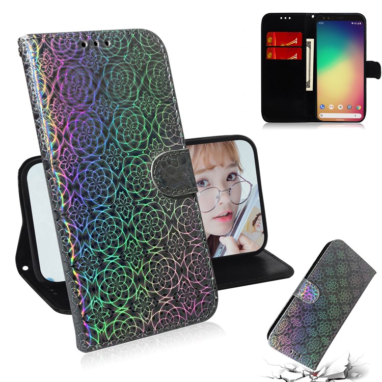 Flower Pattern PU Leather Wallet Stand Phone Cover with Strap for Google Pixel 4 XL - Grey-1