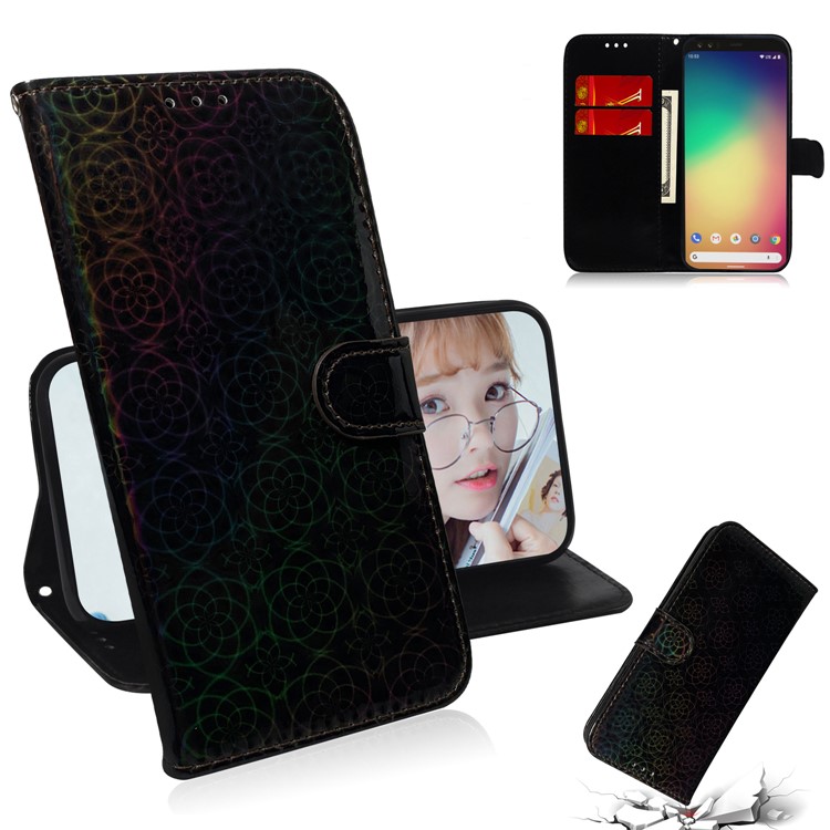 Flower Pattern PU Leather Wallet Stand Phone Cover with Strap for Google Pixel 4 XL - Black-1