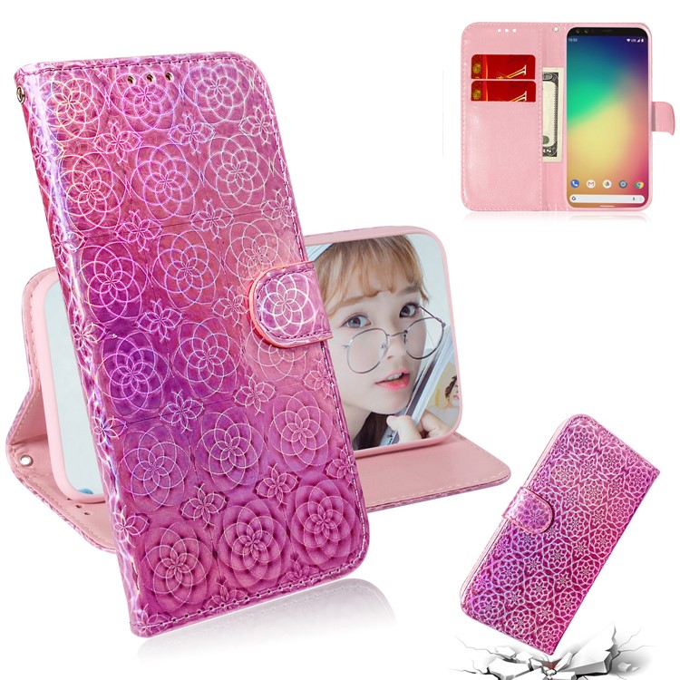 Flower Pattern PU Leather Wallet Stand Phone Cover with Strap for Google Pixel 4 XL - Pink-1