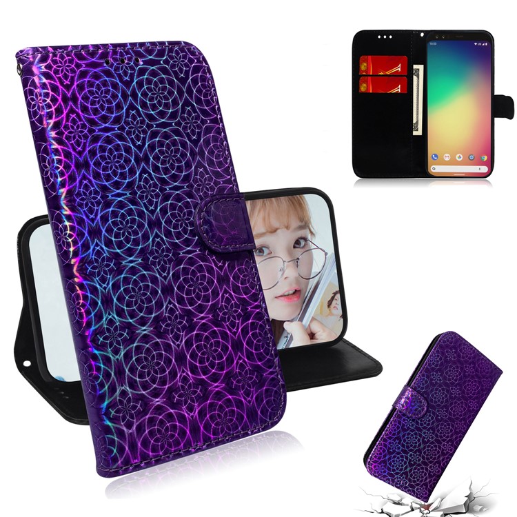 Flower Pattern PU Leather Wallet Stand Phone Cover with Strap for Google Pixel 4 XL - Purple-1