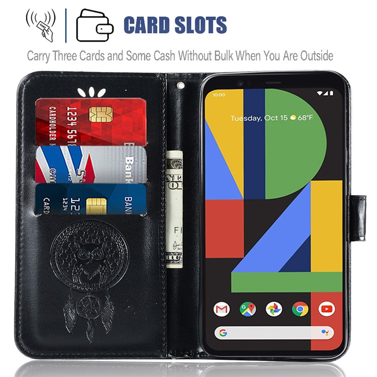 Imprinted Dream Catcher Owl Magnetic Leather Wallet Case for Google Pixel 4 XL - Black-4