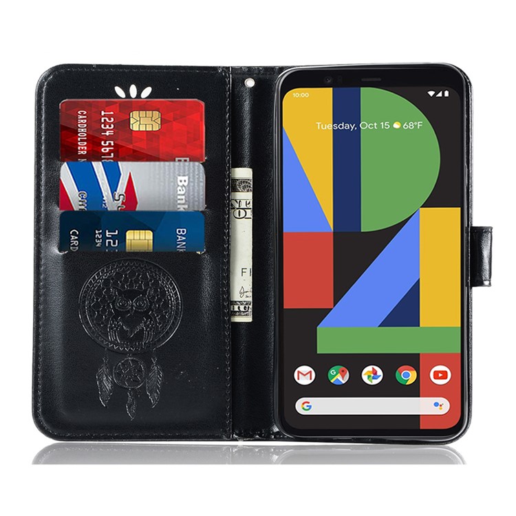 Imprinted Dream Catcher Owl Magnetic Leather Wallet Case for Google Pixel 4 XL - Black-8