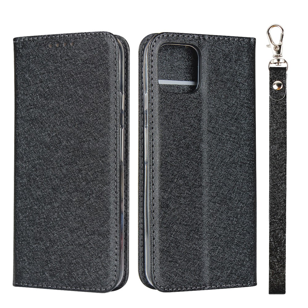 Silk Skin Leather Wallet Stand Cell Phone Case with Strap for Google Pixel 4 - Black-1