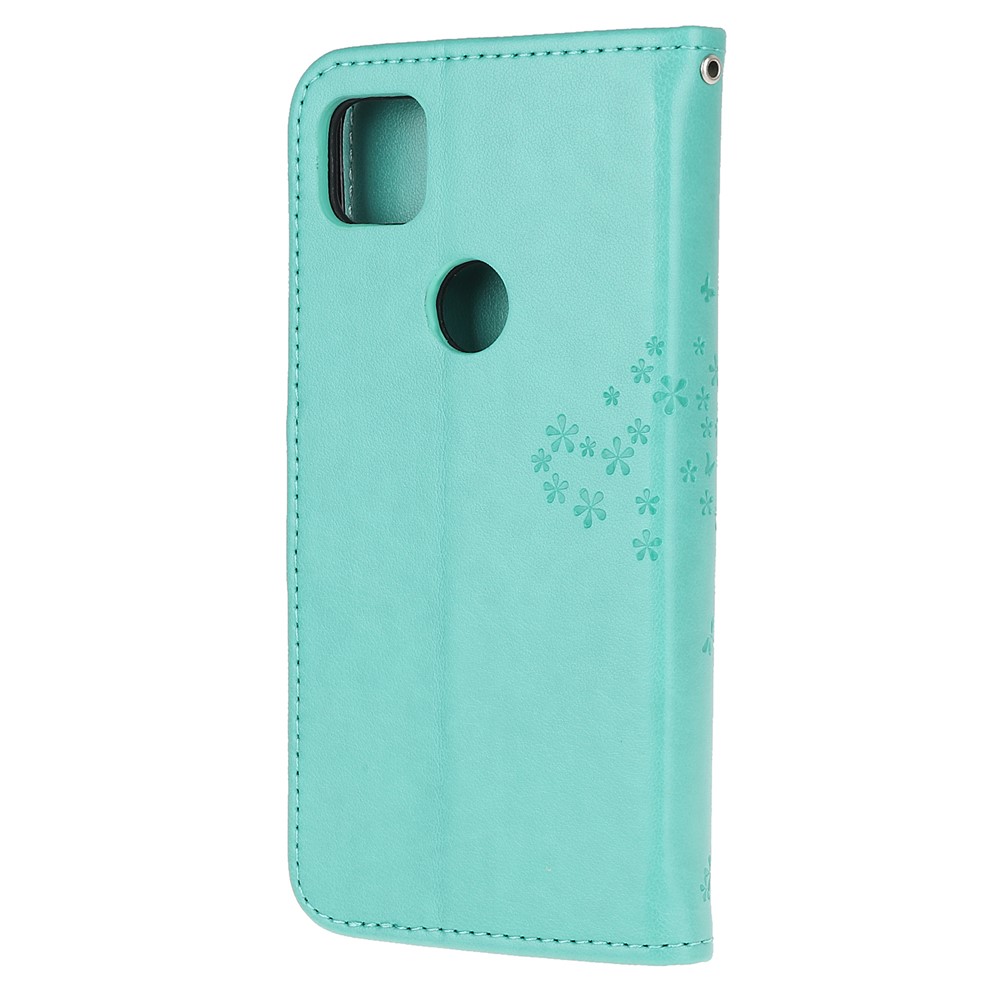 Imprint Tree and Owl Pattern Leather Wallet Case for Google Pixel 4a - Cyan-3