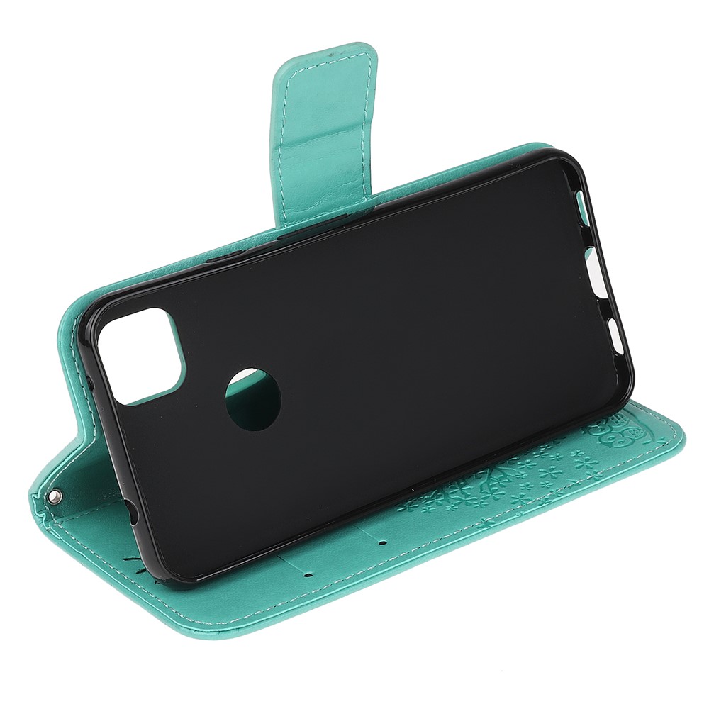 Imprint Tree and Owl Pattern Leather Wallet Case for Google Pixel 4a - Cyan-4