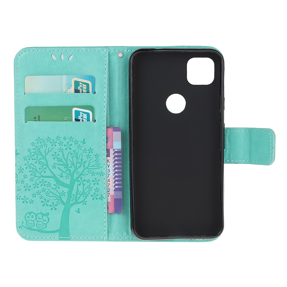 Imprint Tree and Owl Pattern Leather Wallet Case for Google Pixel 4a - Cyan-5