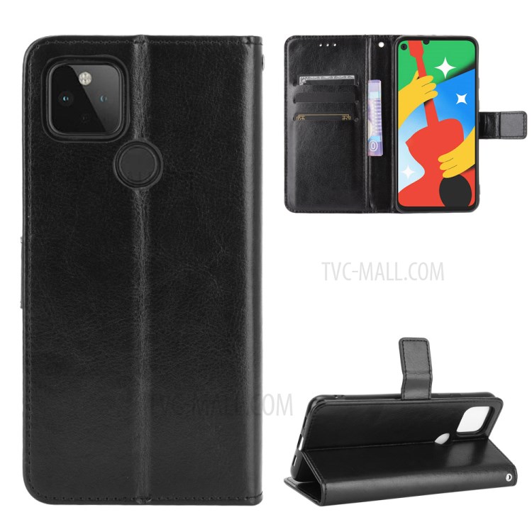 Crazy Horse Skin Leather Shell with Strap for Google Pixel 4a 5G - Black-1