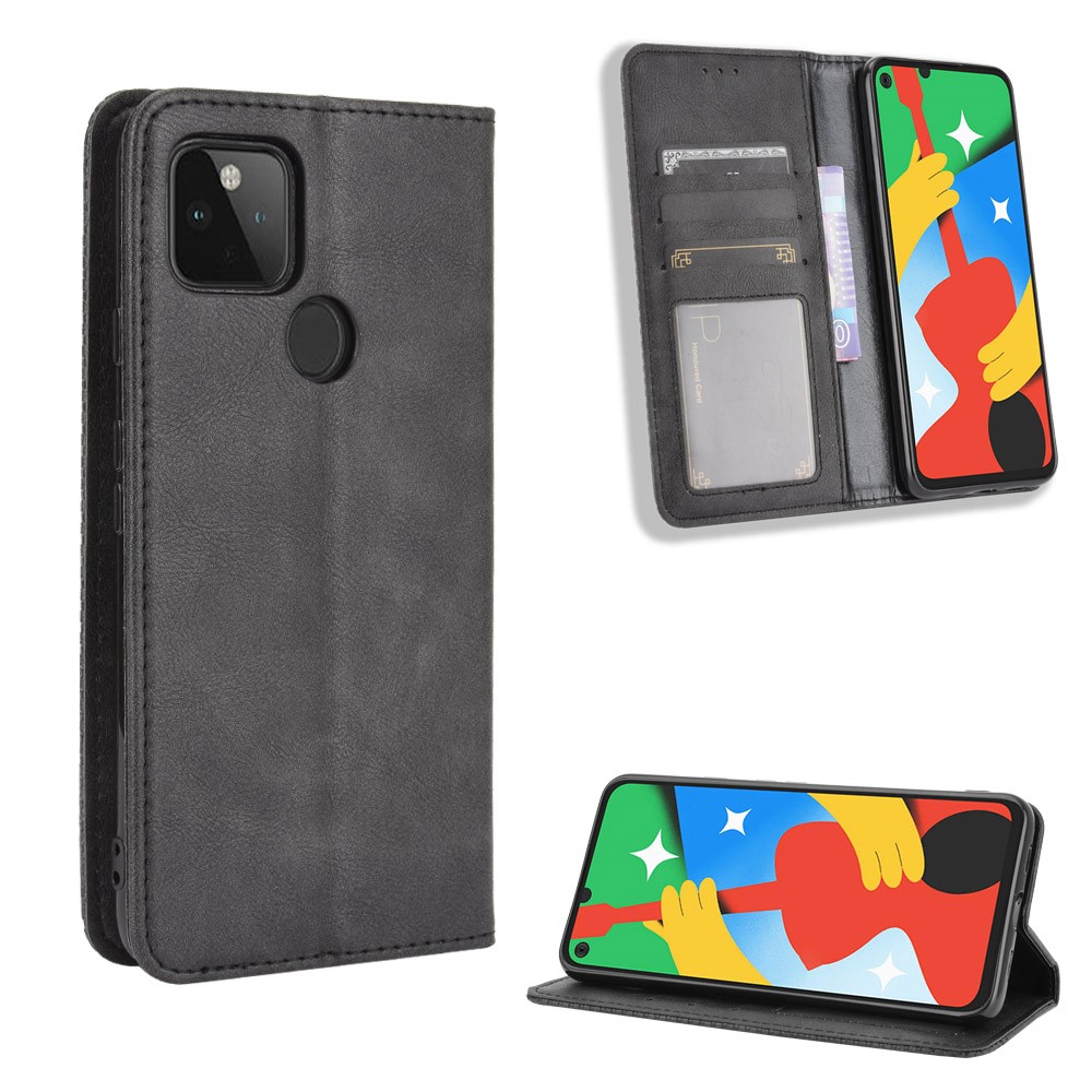 Capa Do Telefone De Couro Do Suporte Da Carteira Do Estilo Do Vintage Para O Google Pixel 4a 5g - Preto