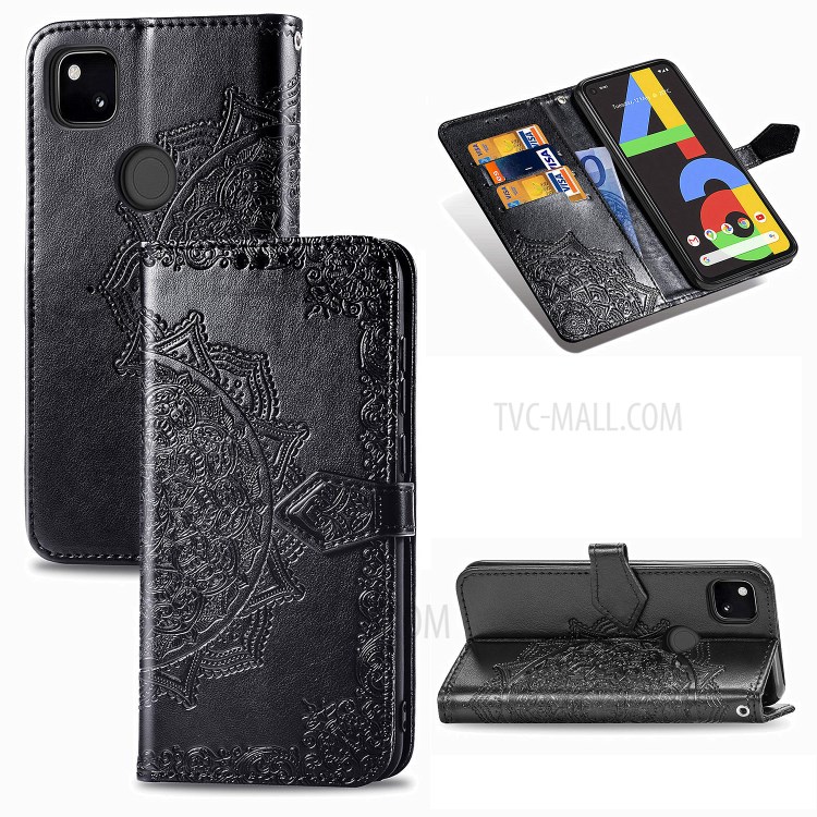 Embossed Mandala Flower Wallet Leather Cover for Google Pixel 4a - Black-1