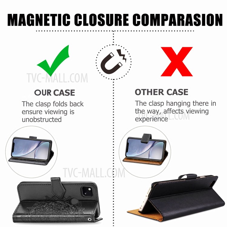 Embossed Mandala Flower Wallet Leather Cover for Google Pixel 4a - Black-11
