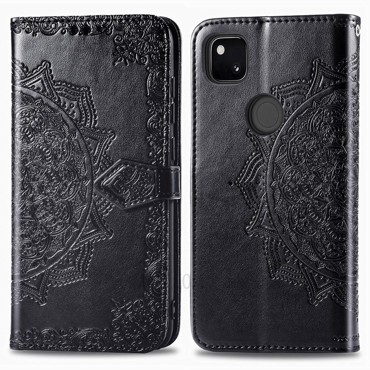 Embossed Mandala Flower Wallet Leather Cover for Google Pixel 4a - Black-2