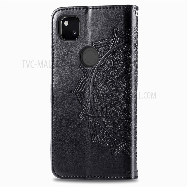Embossed Mandala Flower Wallet Leather Cover for Google Pixel 4a - Black-4