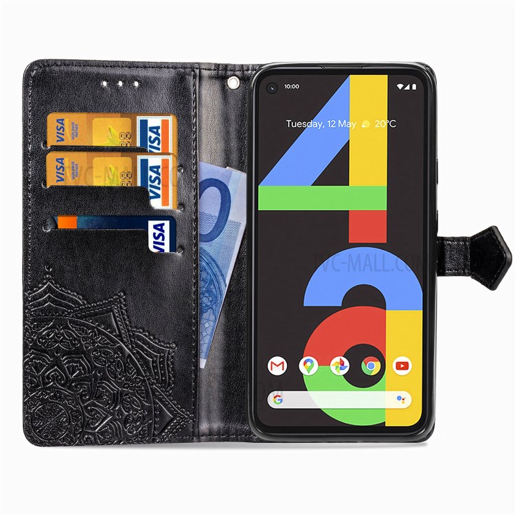 Embossed Mandala Flower Wallet Leather Cover for Google Pixel 4a - Black-5