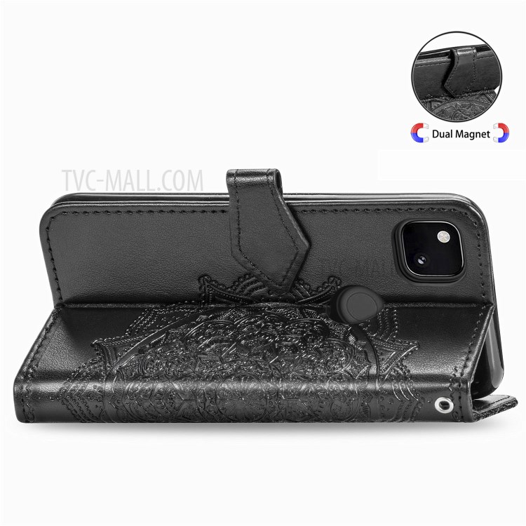 Embossed Mandala Flower Wallet Leather Cover for Google Pixel 4a - Black-7
