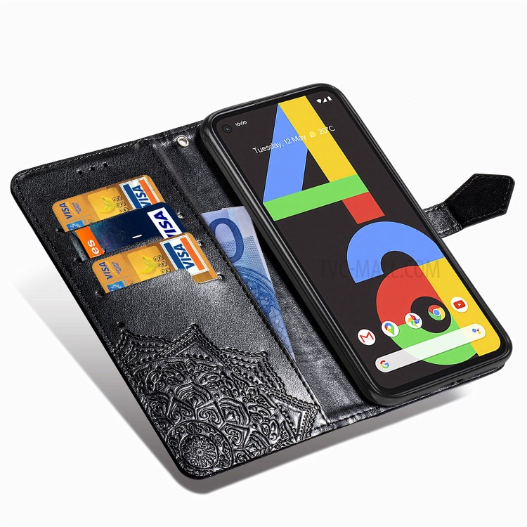 Embossed Mandala Flower Wallet Leather Cover for Google Pixel 4a - Black-8