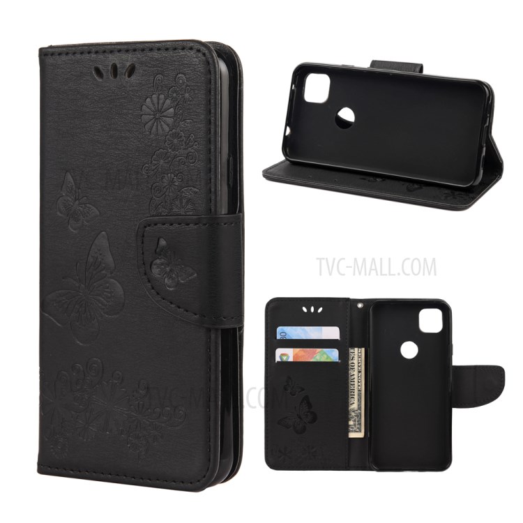 Butterfly Pattern Imprinting TPU + PU Leather Phone Protector for Google Pixel 4a - Black-1