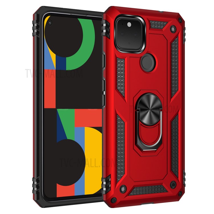 Armor Hybrid PC TPU Shell for Google Pixel 5 XL Kickstand Cover - Red-1