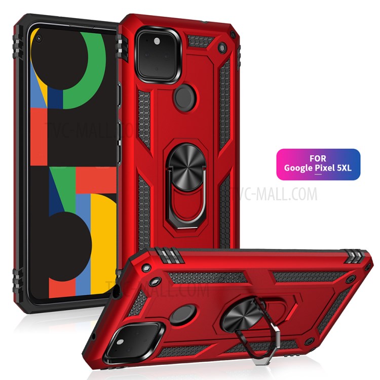 Armor Hybrid PC TPU Shell for Google Pixel 5 XL Kickstand Cover - Red-2