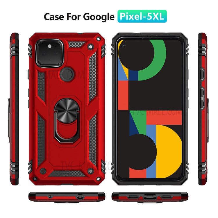 Armor Hybrid PC TPU Shell for Google Pixel 5 XL Kickstand Cover - Red-3