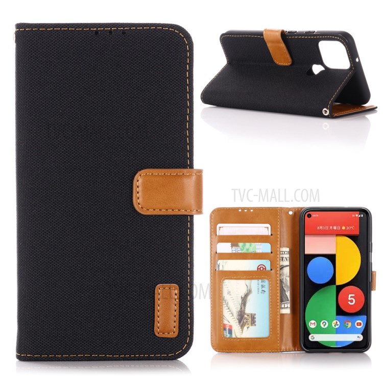 Jeans Cloth Texture Flap Leather Wallet Stand Phone Protector for Google Pixel 5 - Black-1