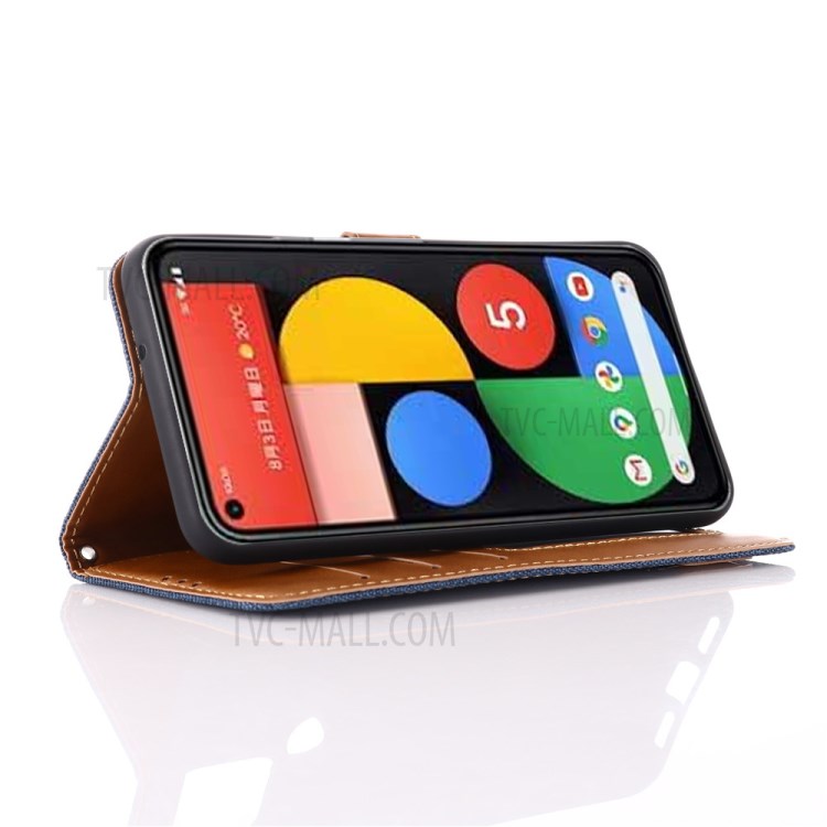 Jeans Cloth Texture Flap Leather Wallet Stand Phone Protector for Google Pixel 5 - Black-3