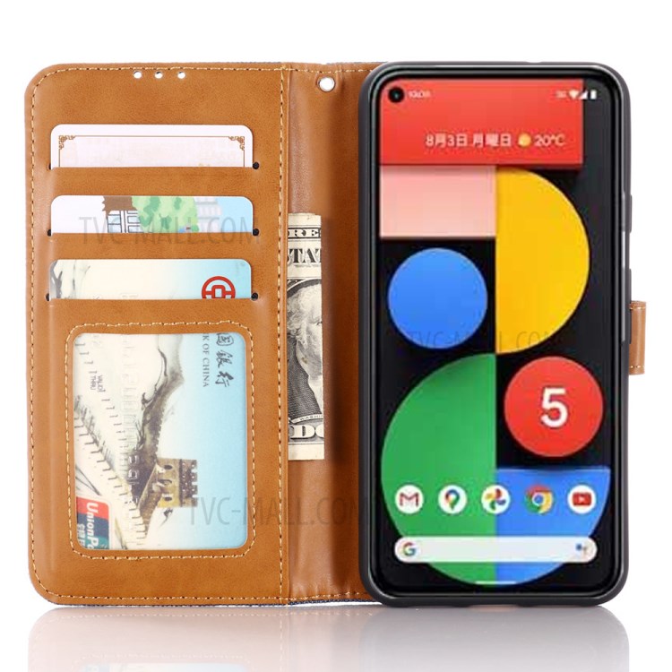 Jeans Cloth Texture Flap Leather Wallet Stand Phone Protector for Google Pixel 5 - Black-4