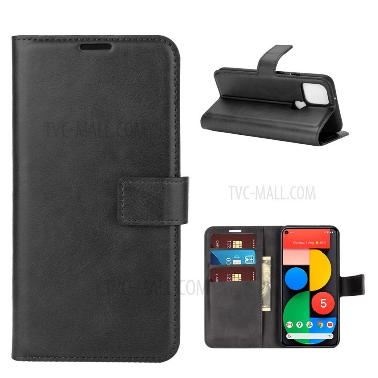 Wallet Stand Leather Mobile Phone Cover for Google Pixel 5 - Black-1