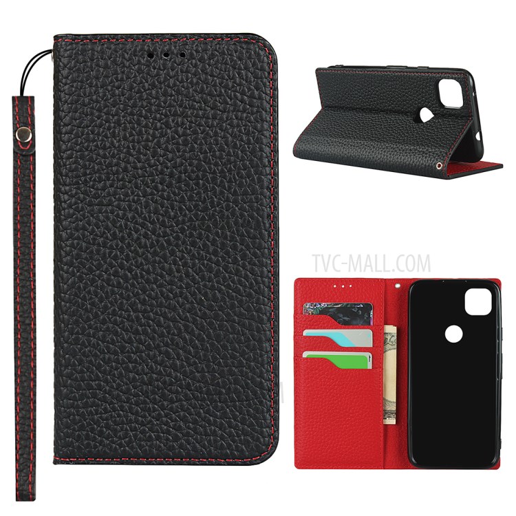 Litchi Skin Genuine Leather Coated TPU Stand Case for Google Pixel 4a - Black-1