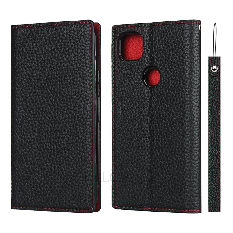 Litchi Skin Genuine Leather Coated TPU Stand Case for Google Pixel 4a - Black-2