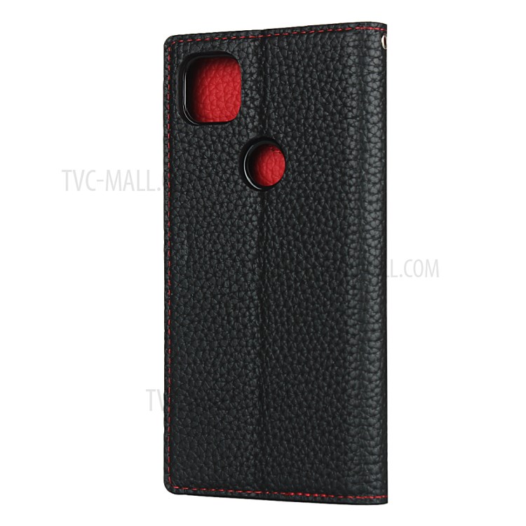 Litchi Skin Genuine Leather Coated TPU Stand Case for Google Pixel 4a - Black-5