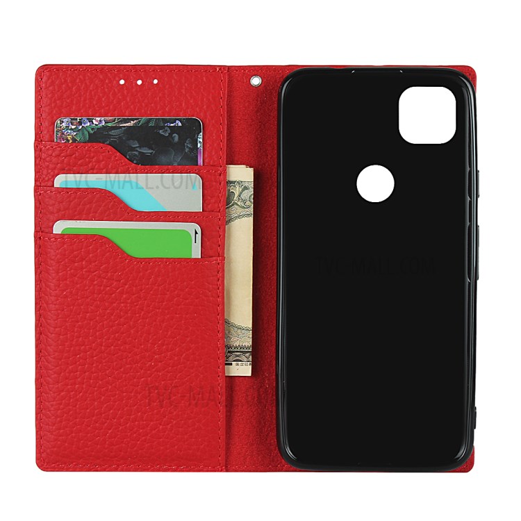 Litchi Skin Genuine Leather Coated TPU Stand Case for Google Pixel 4a - Black-6