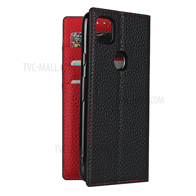 Litchi Skin Genuine Leather Coated TPU Stand Case for Google Pixel 4a - Black-7