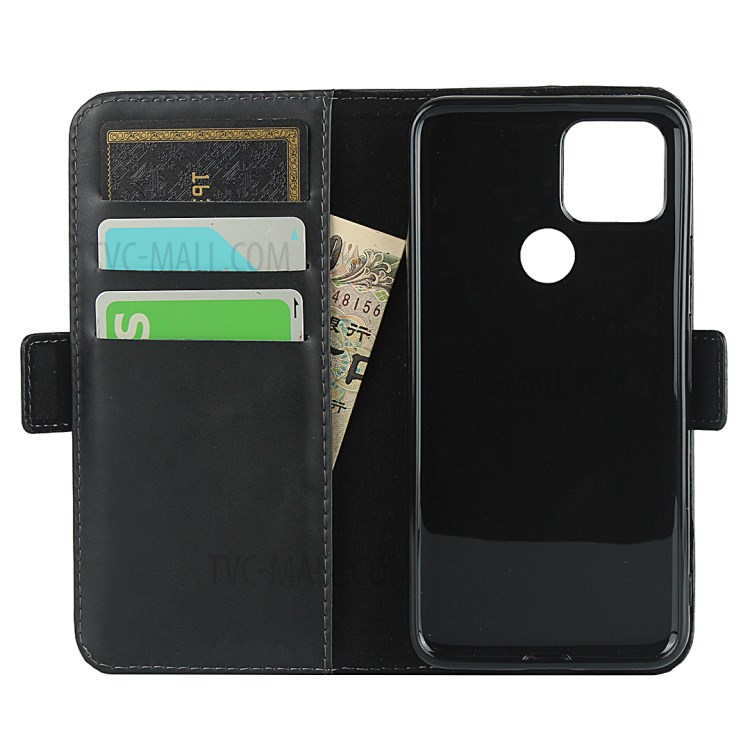 Dual-Magnet-Clasp Design Genuine Leather Wallet Protector Stand Shell for Google Pixel 5 - Black-4