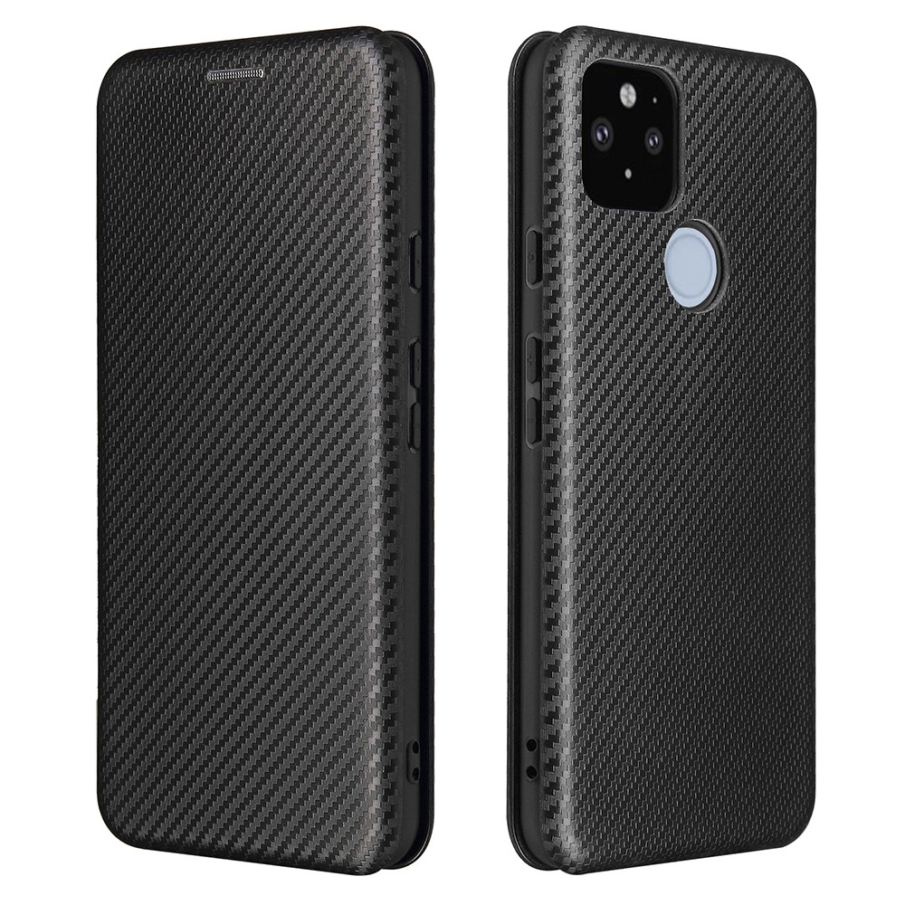 Auto-absorbed Stand Carbon Fiber Texture Leather Shell Cover for Google Pixel 5A - Black-1