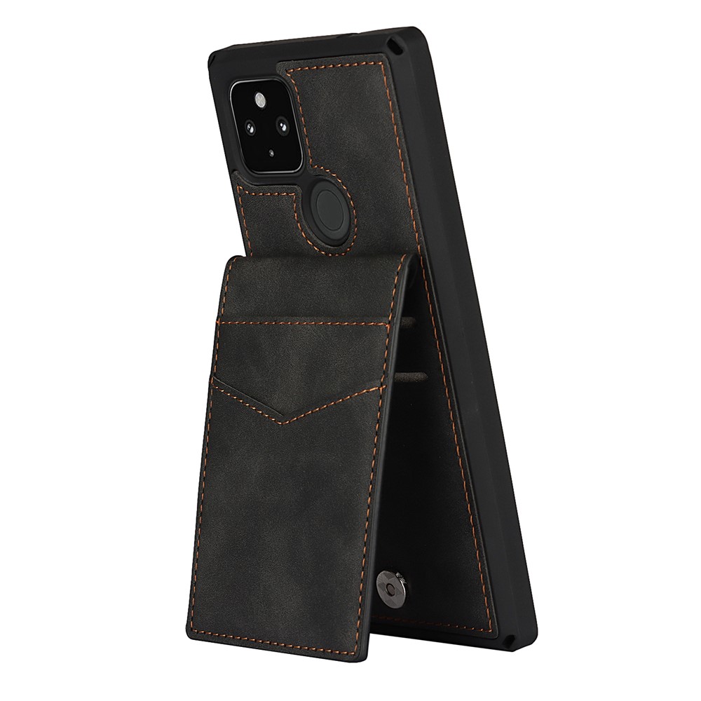 Skin-Touch PU Leather Coated TPU Kickstand Card Slot Design Phone Case with Strap for Google Pixel 4a 5G - Black-5