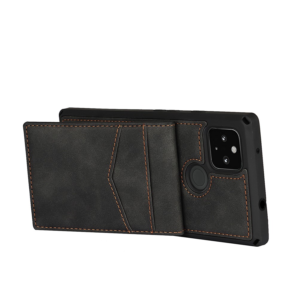 Skin-Touch PU Leather Coated TPU Kickstand Card Slot Design Phone Case with Strap for Google Pixel 4a 5G - Black-7