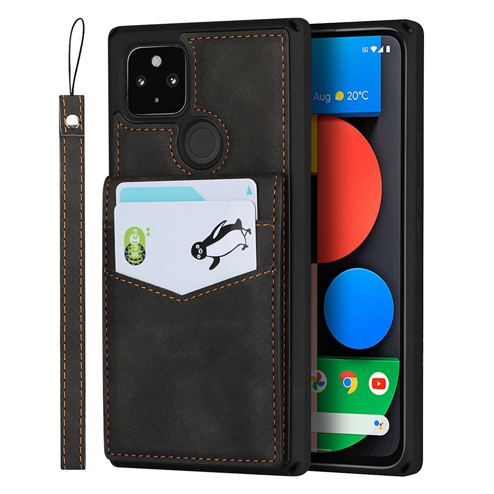 Skin-Touch PU Leather Coated TPU Kickstand Card Slot Design Phone Case with Strap for Google Pixel 5 - Black-1