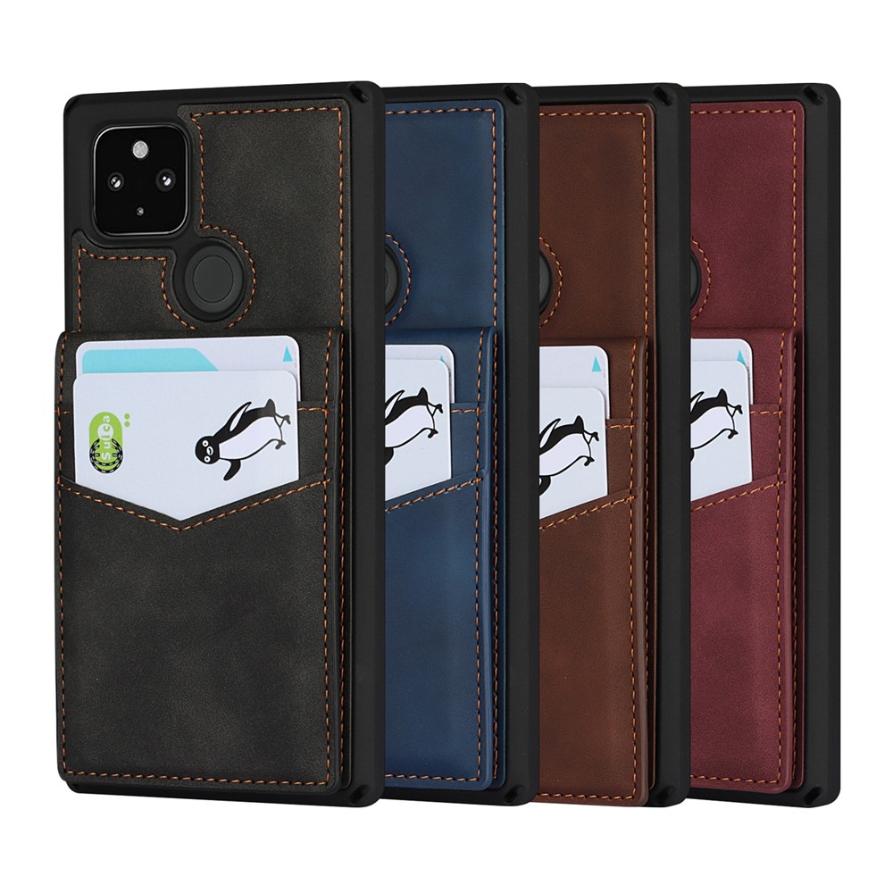 Skin-Touch PU Leather Coated TPU Kickstand Card Slot Design Phone Case with Strap for Google Pixel 5 - Black-12