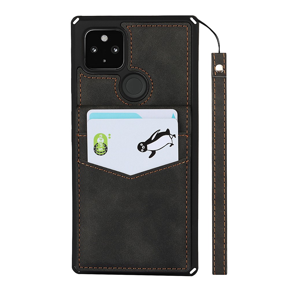 Skin-Touch PU Leather Coated TPU Kickstand Card Slot Design Phone Case with Strap for Google Pixel 5 - Black-2