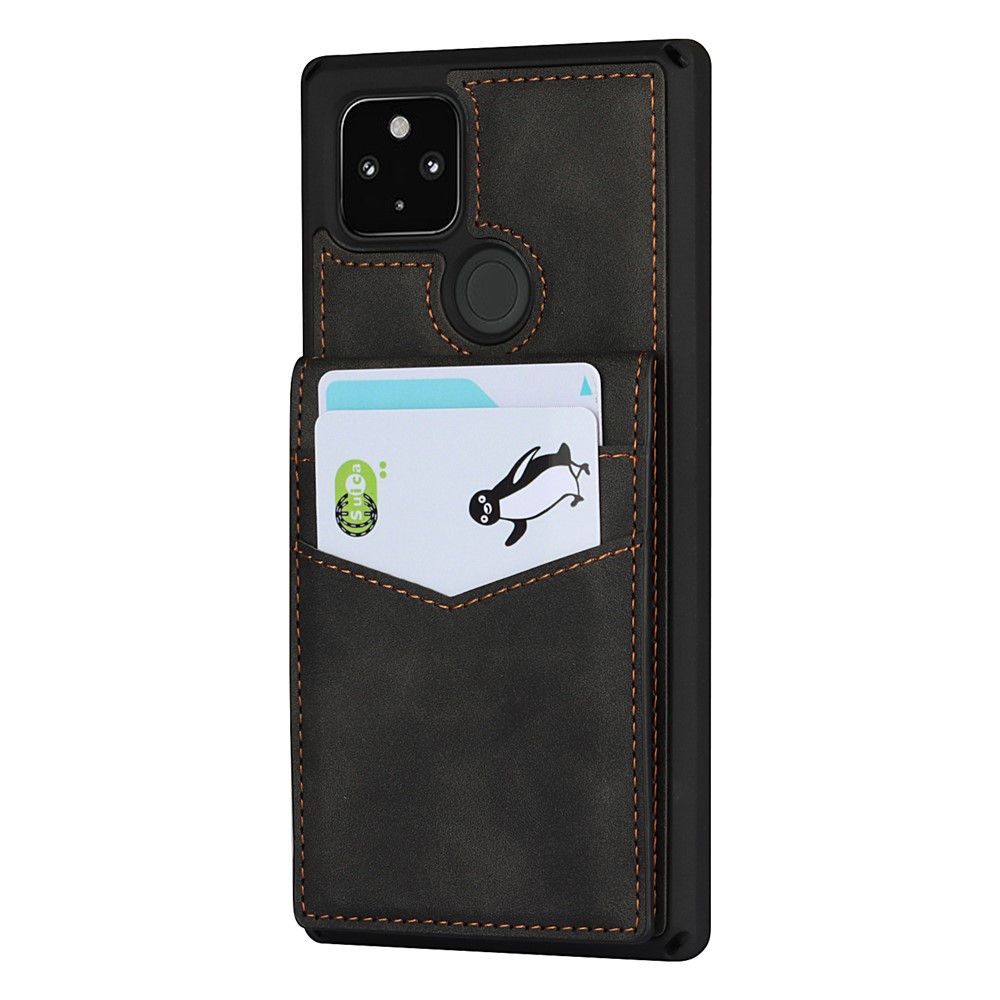 Skin-Touch PU Leather Coated TPU Kickstand Card Slot Design Phone Case with Strap for Google Pixel 5 - Black-3
