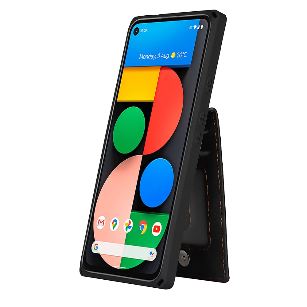 Skin-Touch PU Leather Coated TPU Kickstand Card Slot Design Phone Case with Strap for Google Pixel 5 - Black-6