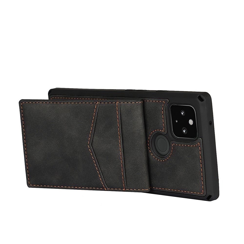 Skin-Touch PU Leather Coated TPU Kickstand Card Slot Design Phone Case with Strap for Google Pixel 5 - Black-7