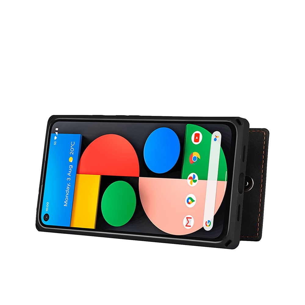 Skin-Touch PU Leather Coated TPU Kickstand Card Slot Design Phone Case with Strap for Google Pixel 5 - Black-8
