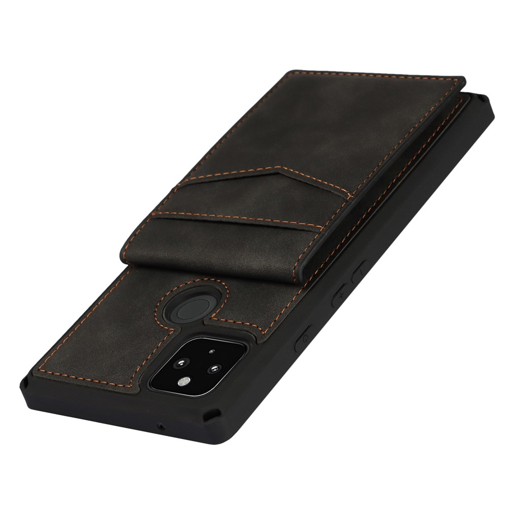 Skin-Touch PU Leather Coated TPU Kickstand Card Slot Design Phone Case with Strap for Google Pixel 5 - Black-9